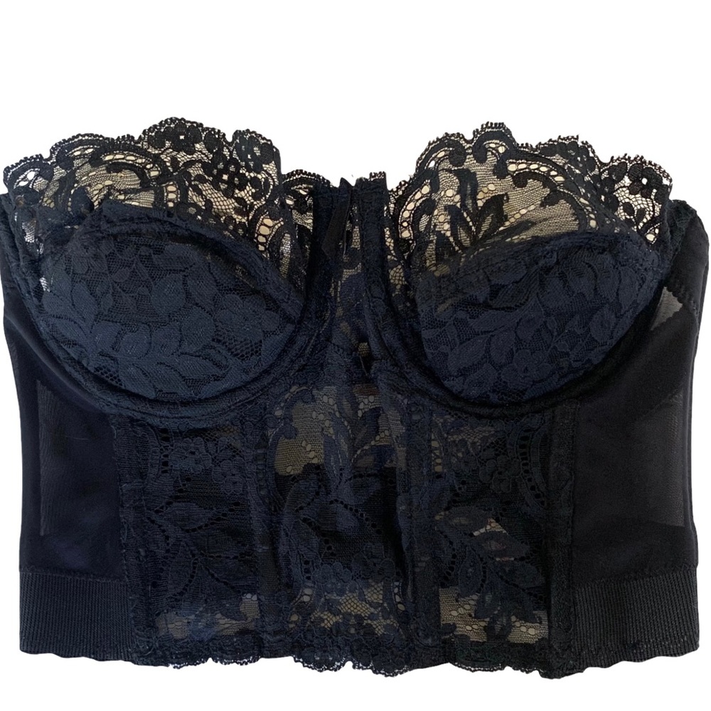 Vintage Lingerie Black Floral Lace Boned Corset Bodice Bra Top Size 34B
